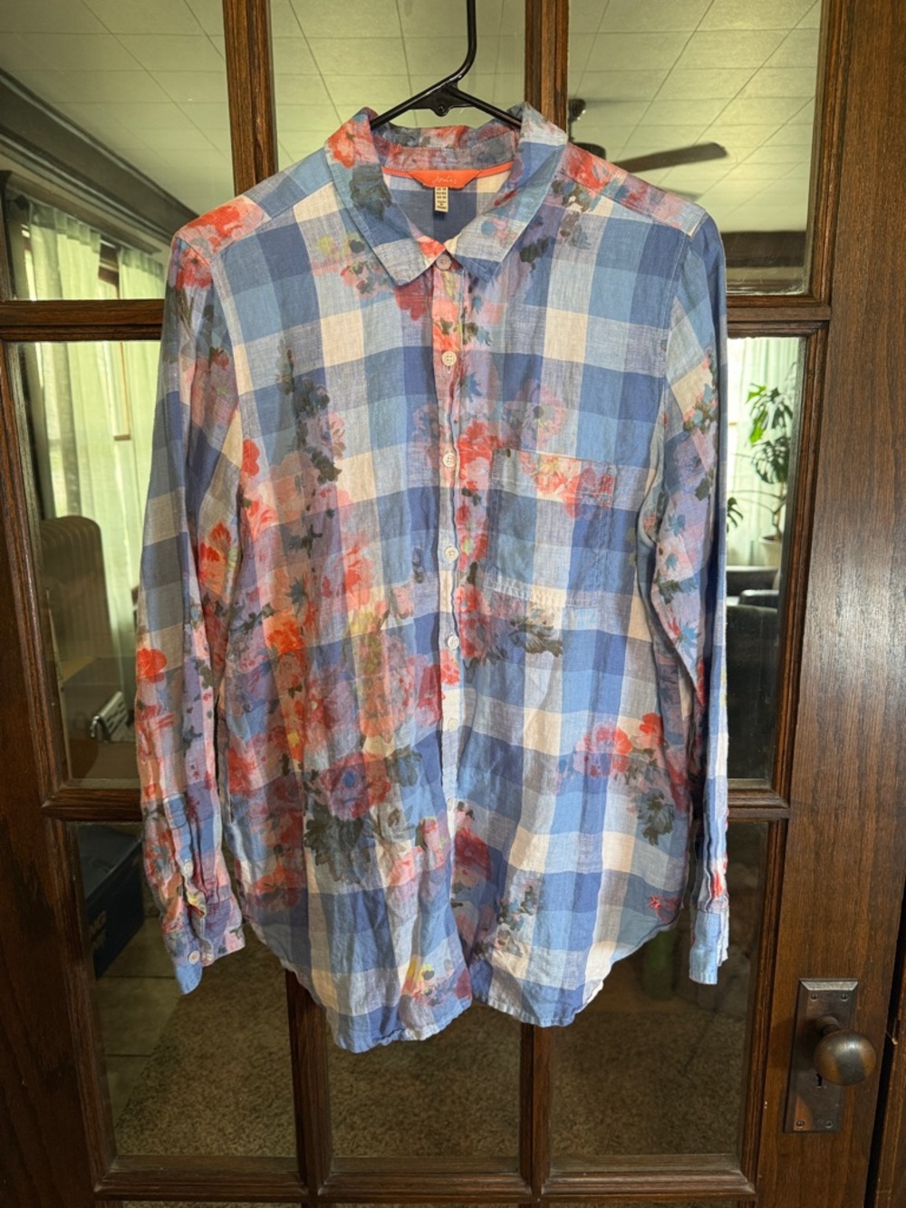Joules Jeanne Print Linen Button Down Shirt Blue Gingham Floral US 10 200729